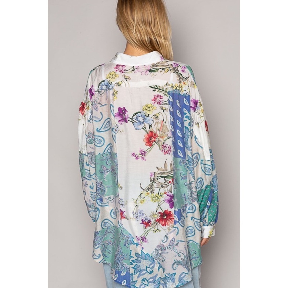 POL Ivory & Teal Blue Floral & Paisley Print Relaxed Fit Button Up Shirt - Picture 8 of 13